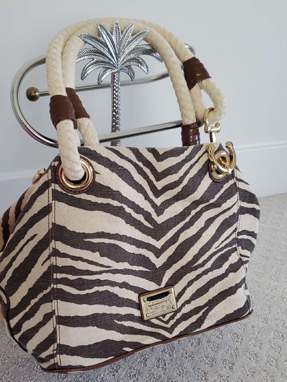 Michael Kors Marina Canvas Leather Rope Shoulder Bag Cream Brown Zebra Print